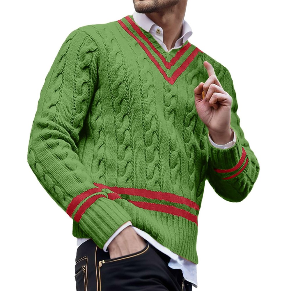 Men's V Neck Sweater Striped Cable Knit Pullover Sweater Casual Long Sleeve Twist Patterned Sweaters Green
