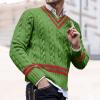 Men's V Neck Sweater Striped Cable Knit Pullover Sweater Casual Long Sleeve Twist Patterned Sweaters Green view 2