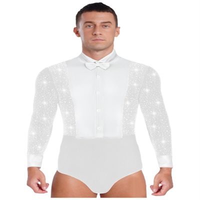 Sinleey Men's One Piece Dance Shirt Salsa Rumba Tango Latin Dance Bodysuit Tuxedo Leotard with Bowtie White Large