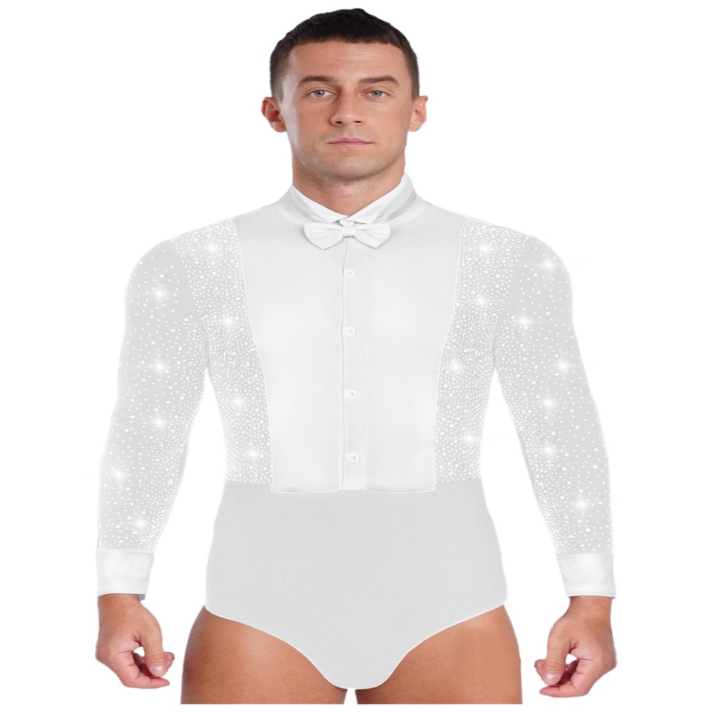 Sinleey Men's One Piece Dance Shirt Salsa Rumba Tango Latin Dance Bodysuit Tuxedo Leotard with Bowtie White Large