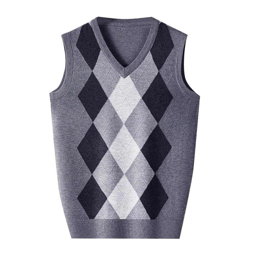 Men's Argyle Vest Sweater Sleeveless V Neck Knitted Pullover Sweater Casual Temperament Business Comfy Tops Grey