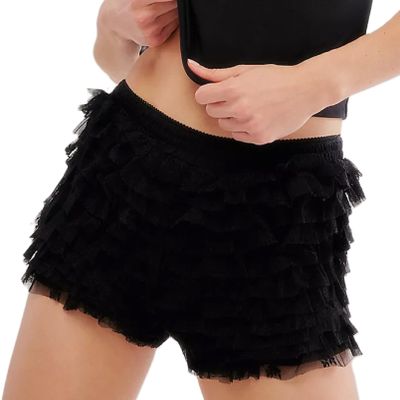 Adoeren Women Lolita Bloomers Cute Ruffle Layered Lace Pumpkin Shorts Sexy Micro Bottoms Y2k Booty Boy Shorts Maid Pettipants(Micro Black,L)