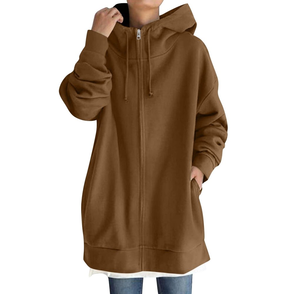 Long Sweatshirts For Women With Zipper Plus Size Casual Long Sleeve Hooded Jackets Trendy Comfy Full Zip Up Fleece Hoodie Coats 2024 Winter Warm Outdoor Outerwear With Pockets (B Coffee,5X-Large)