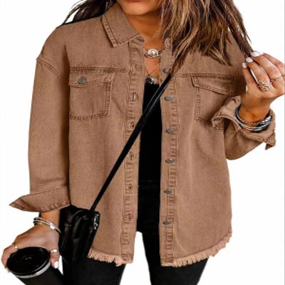 Denim Jacket, Womens Oversized Button Up Frayed Hem Shacket Long Sleeve Pockets Denim Jean Jacket