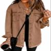 Denim Jacket, Womens Oversized Button Up Frayed Hem Shacket Long Sleeve Pockets Denim Jean Jacket view 1