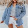Denim Jacket, Womens Oversized Button Up Frayed Hem Shacket Long Sleeve Pockets Denim Jean Jacket view 2