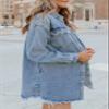 Denim Jacket, Womens Oversized Button Up Frayed Hem Shacket Long Sleeve Pockets Denim Jean Jacket view 3