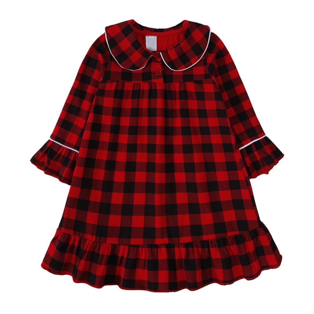 Toddler Girls Plaid Sleep Dress Christmas Button Down Long Sleeve Ruffle oungeear Cute Sweet (Red, 5-6 Years)