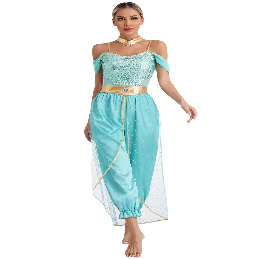 JIZYO Women's Arabian Princess Roleplay Gems Adorned Sequins Sleeveless Jumpsuit Belly Dance Costume Halloween Turquoise Large