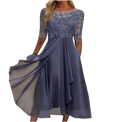a Line Dresses for Women 2024 Formal Short Sleeve Square Neck Lace Chiffon Party Dresses Elegant Ruffle Swing Dress Prime of Day Deals October 8-9 Women Elegant Dresses for Women 2024 Purple L