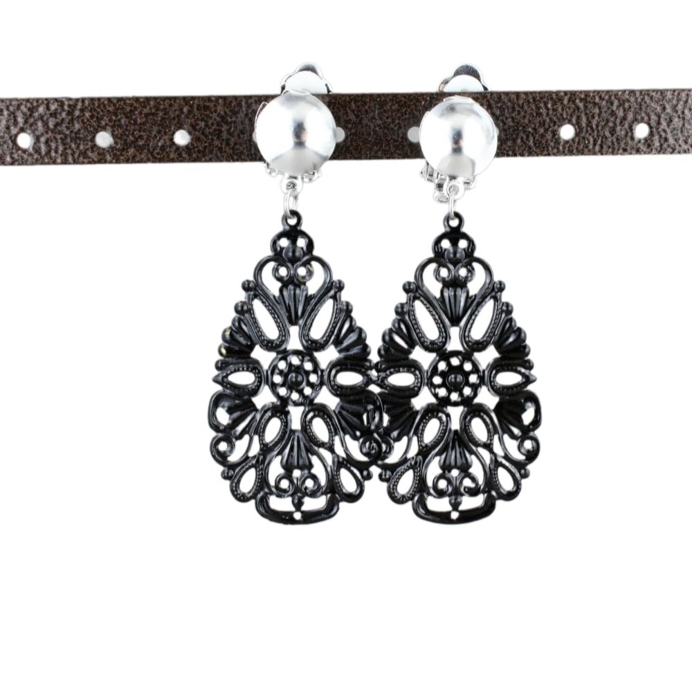 Black Clip On Earrings Teardrop Pendant Clips Lightweight 2.5" Long Statement Earrings Lightweight for Women Fashion Jewelry LPV2037