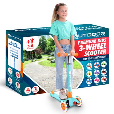 Outdoor Cruiser 3-Wheel Kids Scooter with Lean-to-Steer Technology, Led Lighted Wheel, 4-Level Adjustable Height T-bar Handle, Support Kids Up to 150 Lbs, for Boys & Girls Ages 3-8, Aqua and Orange