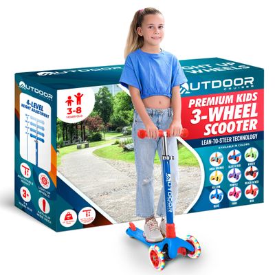Outdoor Cruiser 3-Wheel Kids Scooter with Lean-to-Steer Technology, Led Lighted Wheel, 4-Level Adjustable Height T-bar Handle, Support Kids Up to 150 Lbs, for Boys & Girls Ages 3-8, Blue and Red