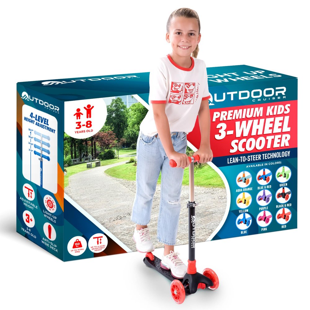 Outdoor Cruiser 3-Wheel Kids Scooter with Lean-to-Steer Technology, Led Lighted Wheel, 4-Level Adjustable Height T-bar Handle, Support Kids Up to 150 Lbs, for Boys & Girls Ages 3-8, Black and Red