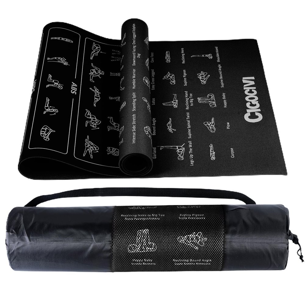 CIGOCIVI Instructional Travel Yoga Mat with 75 Asanas Poses & Exercises - Christmas Gifts for Wife and Girls, Exercise Mat for Home Workout, Includes Carrying Bag, 68"x24"x0.25" (Black)
