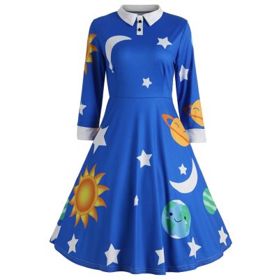 GAANBODI Halloween Dresses for Woman Womens Halloween Costume Vintage Miss Frizzle Dress Sun Moon Star Printed Planet Dresses #01-Blue 3X-Large