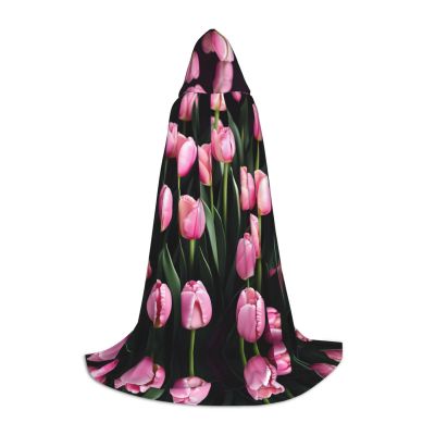 NOUZU Pink And Tulips Print Hooded Cape,Robe-Hooded Cap Cloak,Unisex Hooded Cloak For Halloween Cosplay Costumes