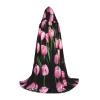 NOUZU Pink And Tulips Print Hooded Cape,Robe-Hooded Cap Cloak,Unisex Hooded Cloak For Halloween Cosplay Costumes view 1