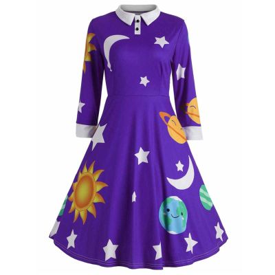 GAANBODI Halloween Dresses for Woman Womens Halloween Costume Vintage Miss Frizzle Dress Sun Moon Star Printed Planet Dresses 01-Purple XX-Large