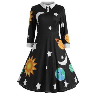GAANBODI Halloween Dresses for Woman Womens Halloween Costume Vintage Miss Frizzle Dress Sun Moon Star Printed Planet Dresses 01-Black XX-Large