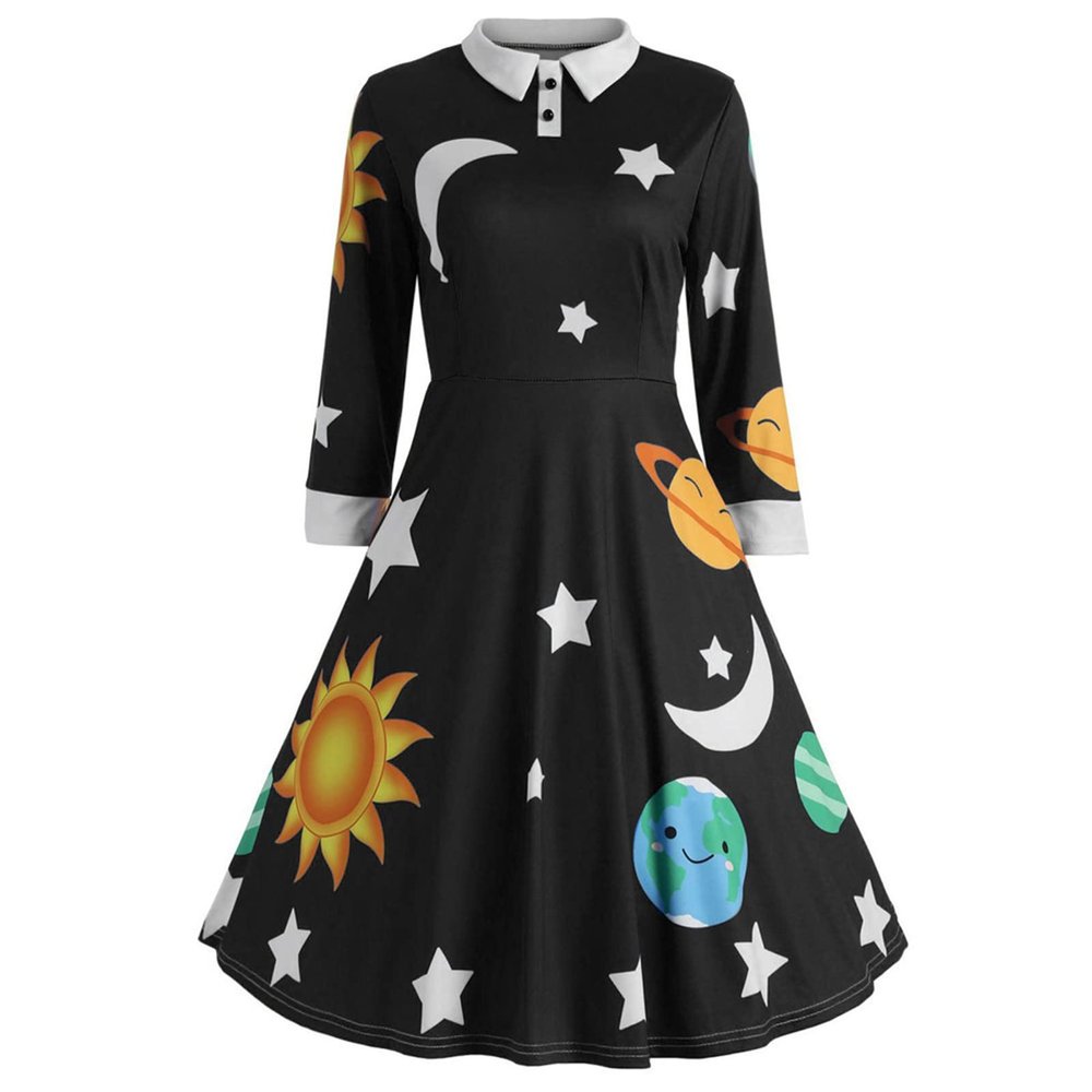 GAANBODI Halloween Dresses for Woman Womens Halloween Costume Vintage Miss Frizzle Dress Sun Moon Star Printed Planet Dresses 01-Black XX-Large