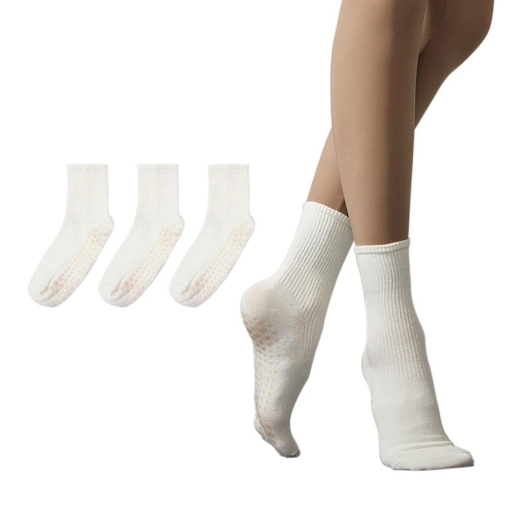 Larrok Yoga Pilates Socks 3 Pair for Woman with Non Slip Grippers,Barre Ballet Workout Athletic Crew Socks (White, US Footwear Size System, Adult, Women, Alpha, Medium, One Size)