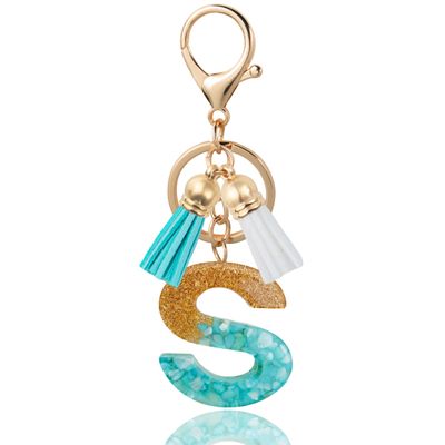 ANHBKAR Alphabet Initial Letter Keychain Cute Resin with 2 PU Tassels, Letter Keychain for Backpack Charms, Initial Keychains for Women, Girls (S, GREEN)