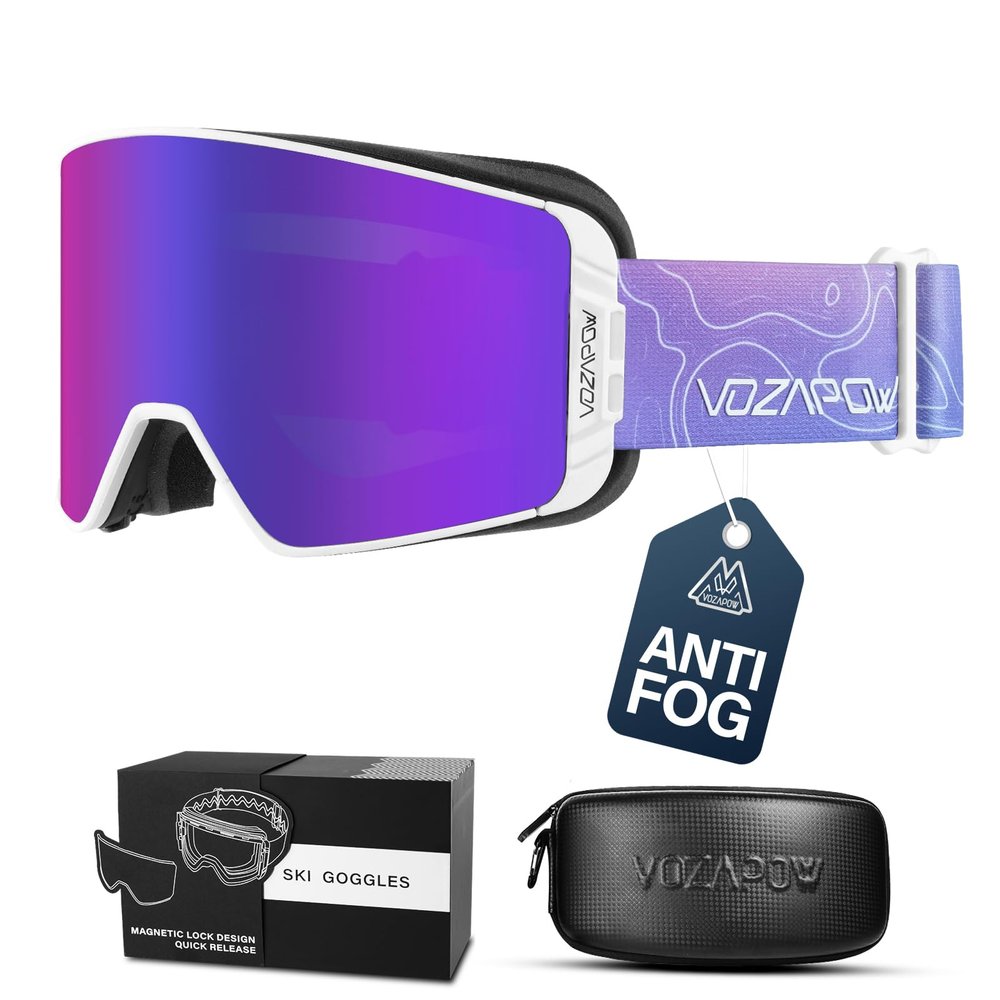 VOZAPOW Ski Goggles Over Glasses Anti-Fog, Snowboard Goggles for Men Women 100% UV Protection Magnetic Interchangeable lens