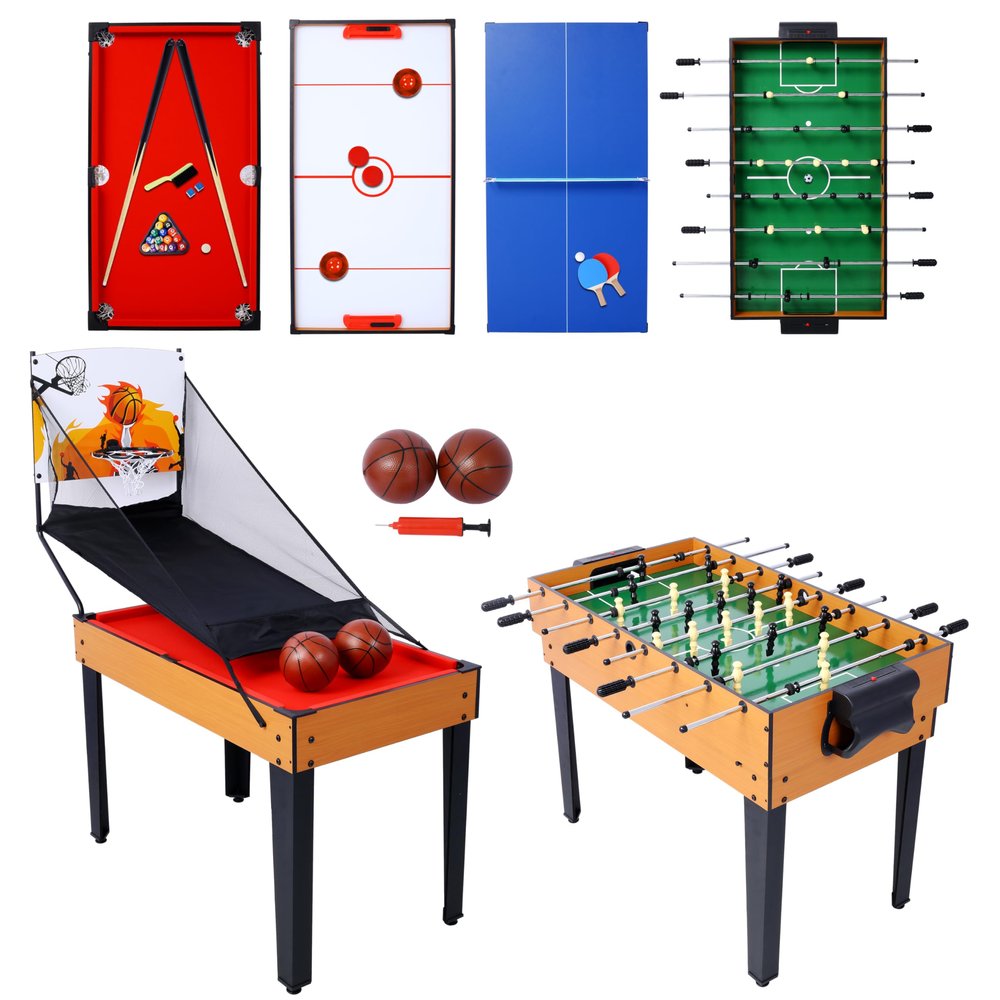 Havemies 43'' Multi-Game Table,5-in-1 Combo Game Table Set with Billiards, Push Hockey, Foosball, Ping Pong, and Basketball for Home,Game Room (Brown & Red)