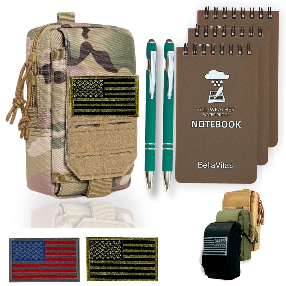 BellaVitas Tactical Molle Pouch Small Notebook Cover EDC Utility Bag Tool Pouch Gadget Organizer Military Waist Bag with US Flag Patch, 3x5 Waterproof Notepad Pocket Notebook and Weatherproof Pen