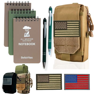 BellaVitas Tactical Molle Pouch Small Notebook Cover EDC Utility Bag Tool Pouch Gadget Organizer Military Waist Bag with US Flag Patch, 3x5 Waterproof Notepad Pocket Notebook and Weatherproof Pen