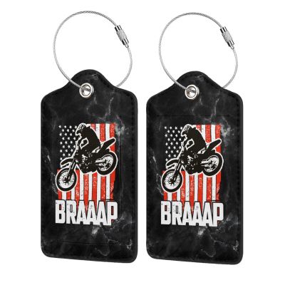Dirt BKE Motocross American Flag 2 Pcs Leather Luggage Tags with Stainless Steel Loop and Travel Cover