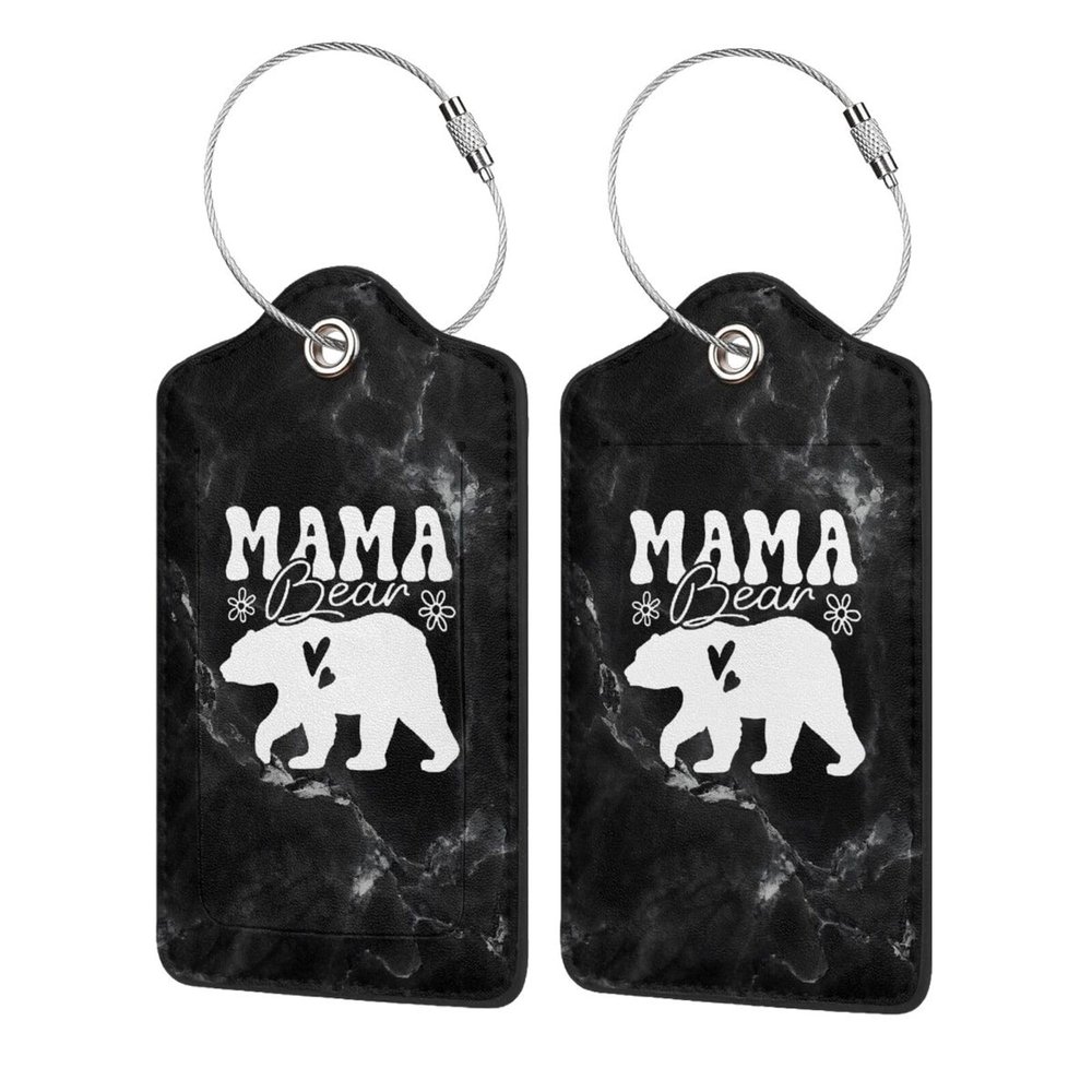 Mama Bear 2 Pcs Leather Luggage Tags with Stainless Steel Loop and Travel Cover
