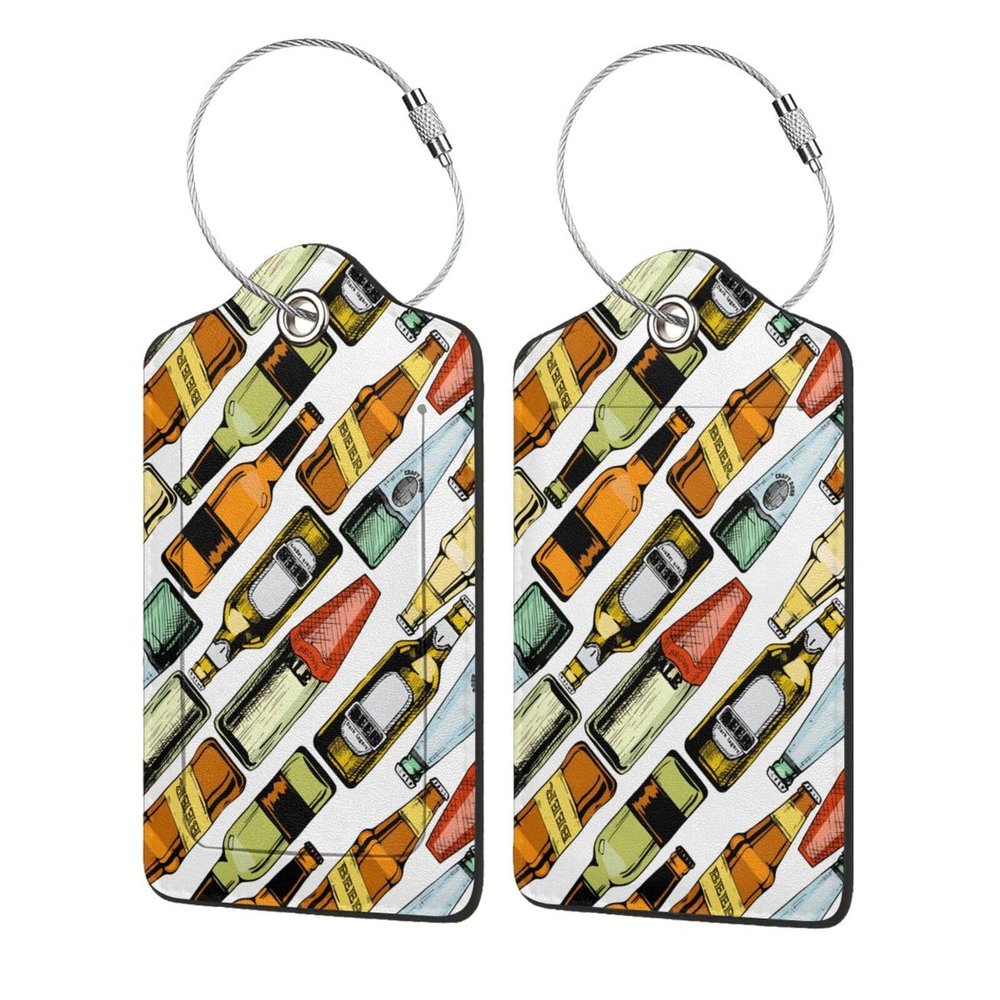 Beer Bottles Pattern 2 Pcs Leather Luggage Tags with Stainless Steel Loop and Travel Cover