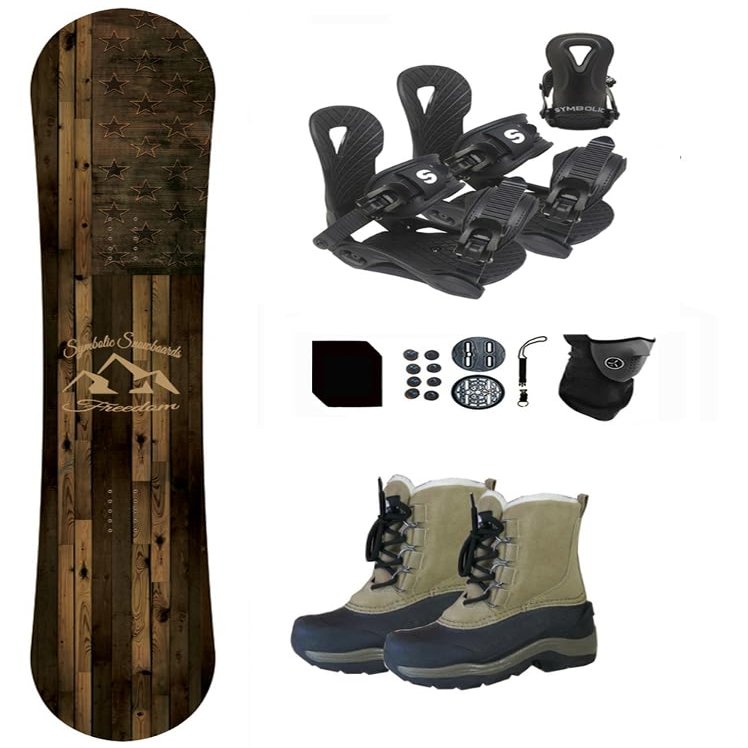 Symbolic Freedom Flag USA Kids Snowboard & Bindings & Choice Blem Boots Package (1 Kid Snow Boot Tan+BLK Bindgs, 90cm Freedom Rocker)