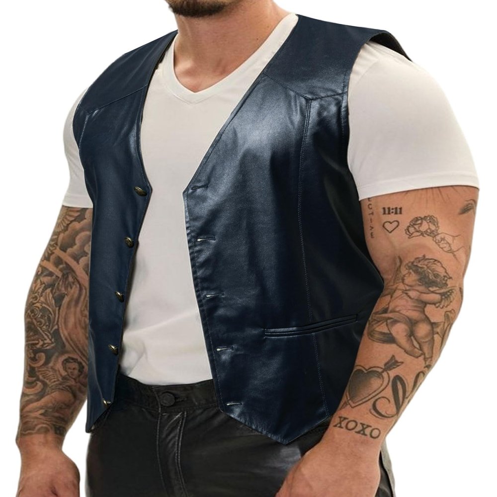 Barry.Wang Dark Navy Mens Leather Vests Casual Western Cowboy Vest V-neck Jacket Lightweight Waistcoat