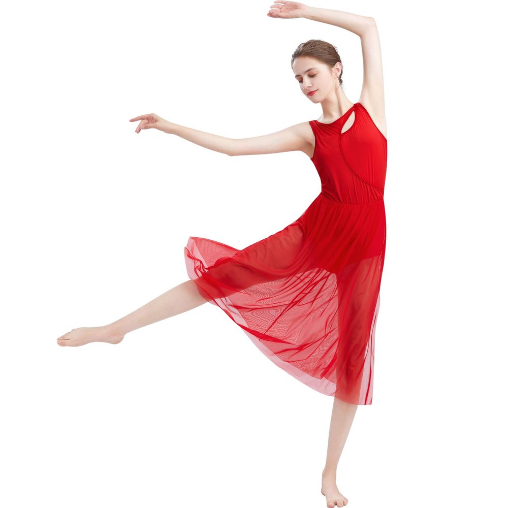 AFAVOM Women Cutout Lyrical Dance Dress Adult Sleeveless Lyrical Dance Costume Solid Color Backless Ballet Leotards Skirt Dancewear Flowy Mesh Dress Contemporary Dance Tulle Costumes Red XS