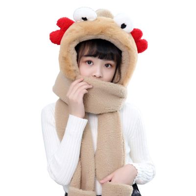 NPQPNAFC Scarf,Kids Winter Warm 3 In 1 Faux Fleece Hooded Scarf Hat Gloves Set Cute 3D Crab Thermal Cap Neck Warmer Scarf(Khaki)