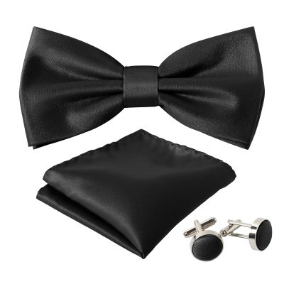 Men's Black Bow Tie Set Solid Color Pre-tied Bow Tie and Pocket Square Cufflink Set with Gift Box
