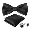 Men's Black Bow Tie Set Solid Color Pre-tied Bow Tie and Pocket Square Cufflink Set with Gift Box view 1