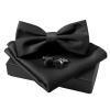 Men's Black Bow Tie Set Solid Color Pre-tied Bow Tie and Pocket Square Cufflink Set with Gift Box view 4
