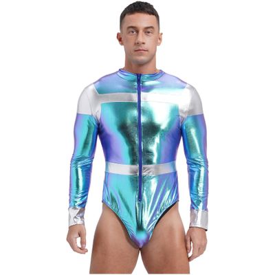 Shinsto Men's Astronaut Costume Adult Space Suit Mock Neck Zipper Front Bodysuit Leotard Halloween Fancy Dress Blue Large