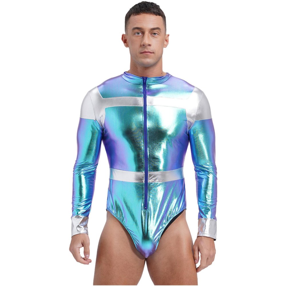 Shinsto Men's Astronaut Costume Adult Space Suit Mock Neck Zipper Front Bodysuit Leotard Halloween Fancy Dress Blue Large