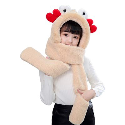 NPQPNAFC Scarf,Kids Winter Warm 3 In 1 Faux Fleece Hooded Scarf Hat Gloves Set Cute 3D Crab Thermal Cap Neck Warmer Scarf(Camel)
