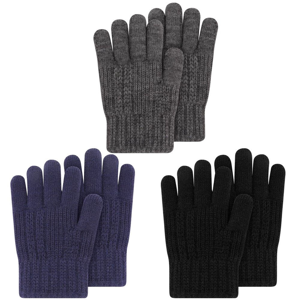 ORVINNER Kids Winter Gloves for Boys Girls, 3 Pairs Children Warm Wool Lined Gloves Toddler Thermal Knitted Mittens (Black/Navy/Dark Grey - Solid Color, 1-4 Years)