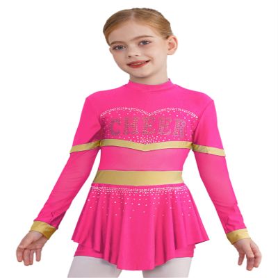 Hedmy Girls Cheerleading Uniform Long Sleeve Dance Leotards Dress Cheer Leader Costume Performance Costume Hot Pink 16 Years