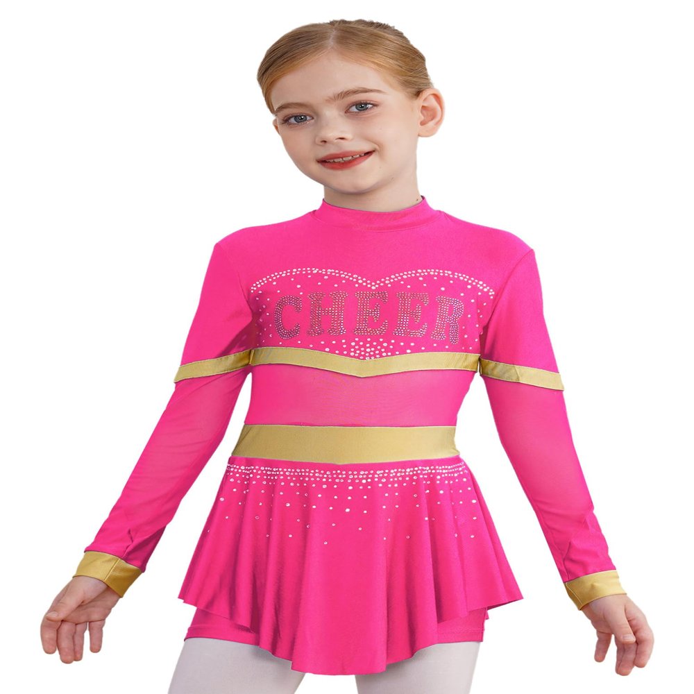 Hedmy Girls Cheerleading Uniform Long Sleeve Dance Leotards Dress Cheer Leader Costume Performance Costume Hot Pink 16 Years
