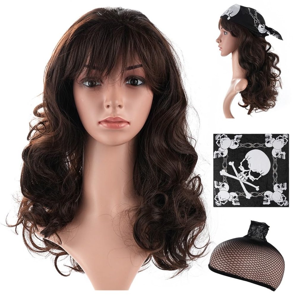 byepica 80S Long Curly Brown Mullet Wig with Bandana, Punk Rocker Cosplay Hair, Eddie Wig for Halloween, Costume Parties, DIY Events