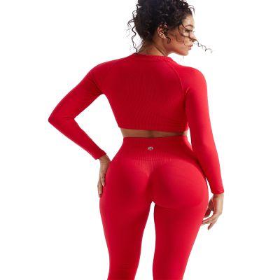 SUUKSESS Women 2 Piece Workout Sets Hidden Scrunch Hip Lifting Seamless Leggings Long Sleeve Yoga Crop Tops High Waisted Yoga Pants Tracksuits (Red, M)