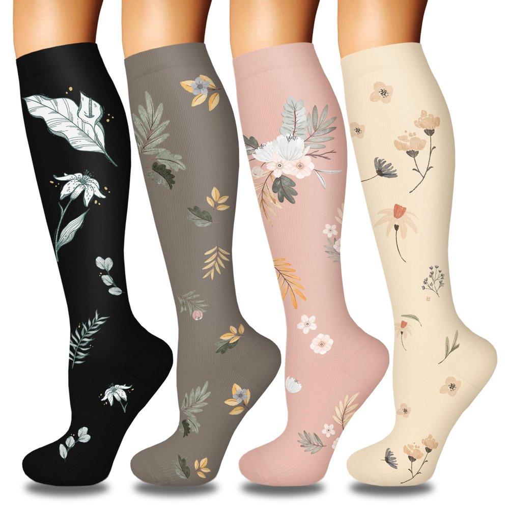 4 Pairs Compression Socks for Women Circulation-Best Support for Nylon Fabric,Breathable Moisture Wicking,Soft Lightweight Elastic Fit for All Day Wear Vintage Printed NO Cotton Bamboo Wool L-XL